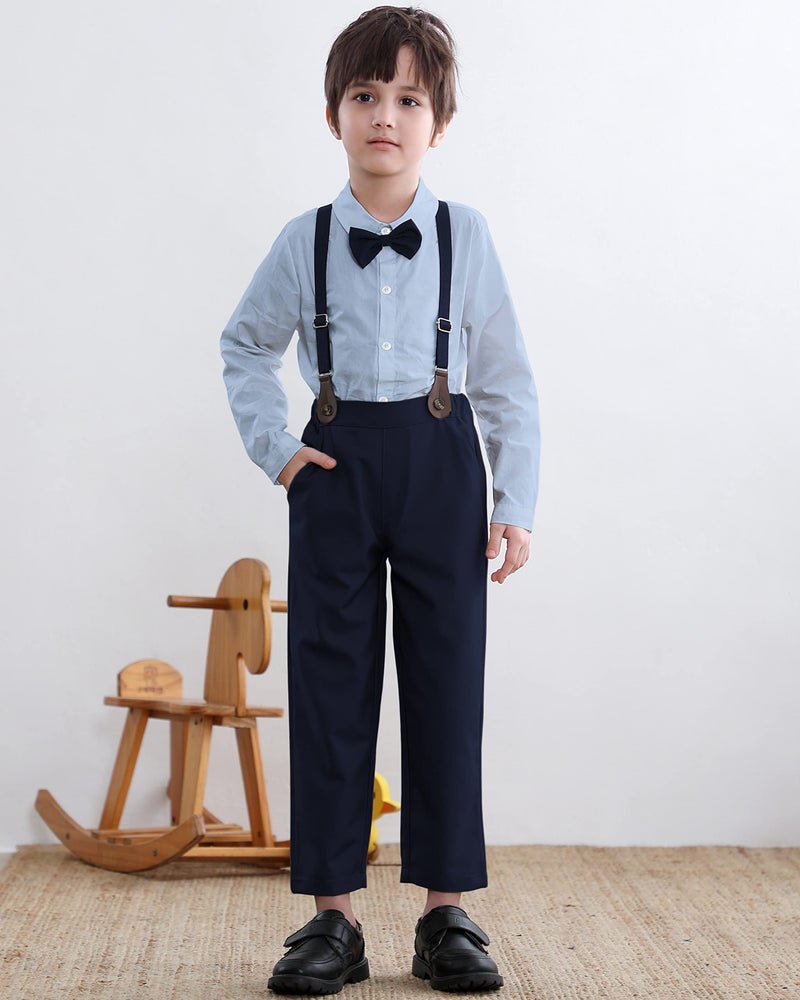 SANGTREE Baby Boys Dress Clothes, Toddlers Boys Long Sleeves Button Down Plaid Dress Shirt with Bowtie + Suspender Pants Set Wedding Outfit, Light Blue Blue, Tag 120 = 3-4 Years - Image 4